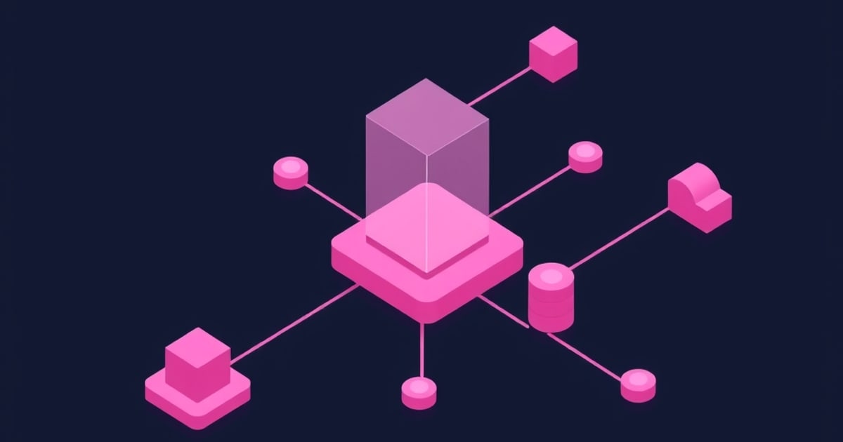 Isometric pink hub with a translucent tower linked by lines to cubes, discs and a database stack on navy, evoking a NAS storage network
