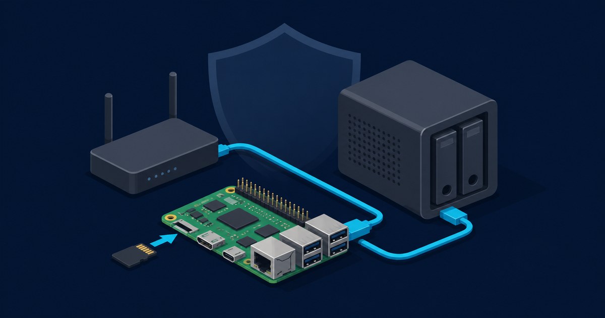 A green Raspberry Pi board with a microSD card sliding in, cyan cables linking it to a router and a two-bay NAS enclosure under a shield icon