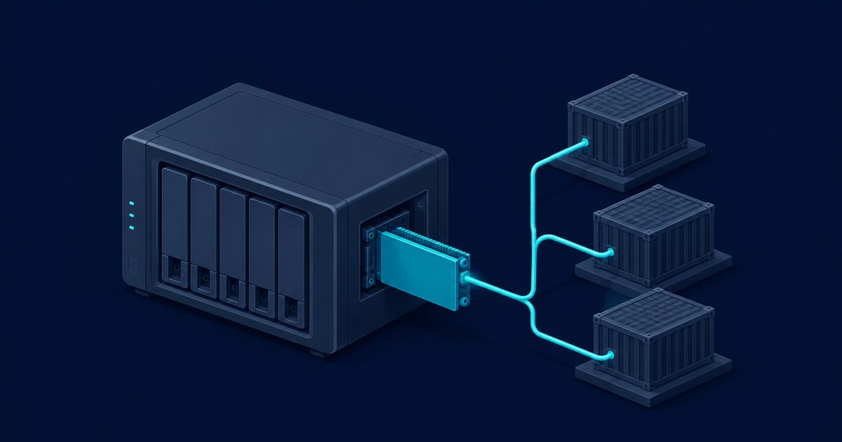 Dark 3D rendering of a five-bay NAS linked by glowing cyan cables to three container nodes, evoking Docker services on OMV.