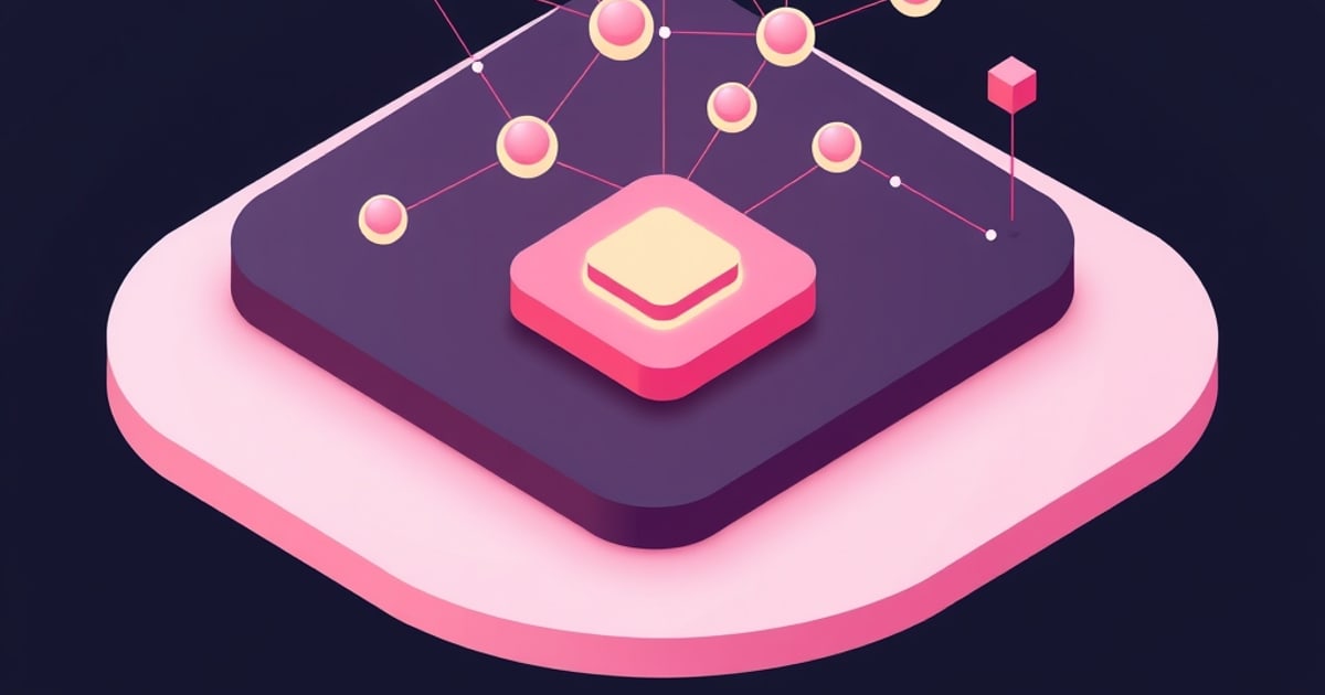 Isometric pink and purple layered platform with a glowing central block linked to floating nodes, suggesting storage volumes and file system structure