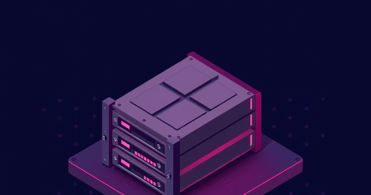 Flat isometric illustration of a purple NAS chassis with four square drive caddies on top and three pink-lit front bays, on a purple plinth