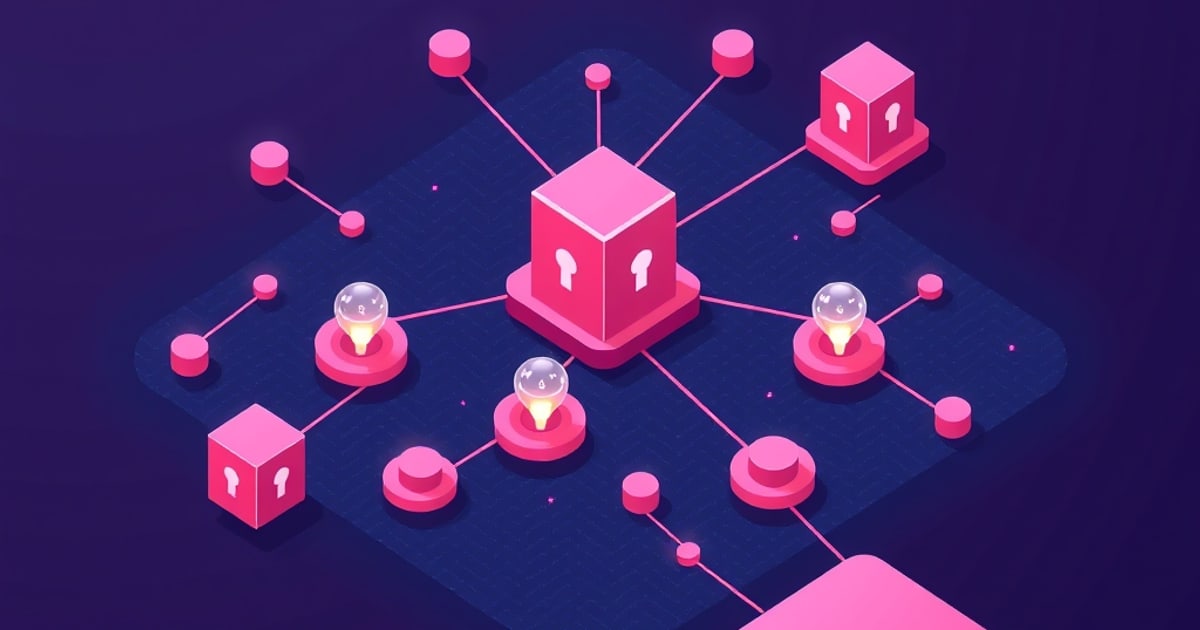 Isometric pink cubes with keyhole marks linked by lines to glowing bulbs and round nodes on a dark navy grid, evoking an OpenMediaVault plugin network