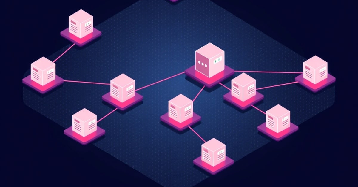 Flat isometric illustration of eleven pink and white server cubes on pink plinths linked by pink lines across a dark isometric plane