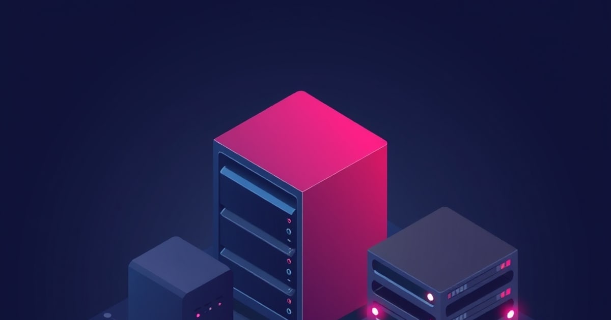 Flat isometric illustration of a tall pink-topped NAS tower with dark drive bays and indicator lights, flanked by two smaller dark units, closely cropped