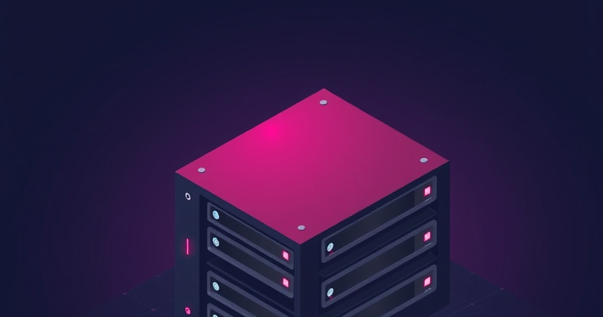 Isometric dark NAS enclosure with a glowing magenta top and stacked hot-swap drive bays with pink status lights on a dark purple grid backdrop