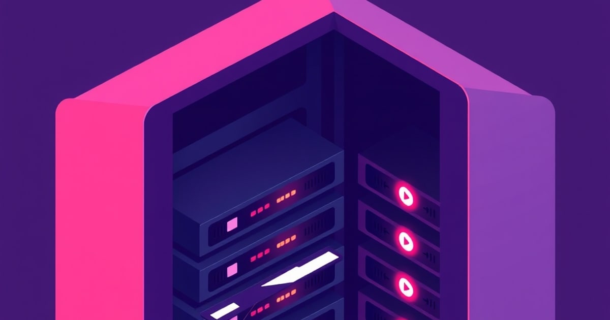 Isometric pink and purple server rack holding stacked NAS units with glowing orange status LEDs and red play-style indicator lights, evoking a home storage server