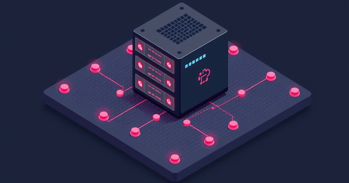 Flat isometric illustration of a NAS tower with three labeled drive bays standing on a dark circuit board dotted with glowing network nodes.